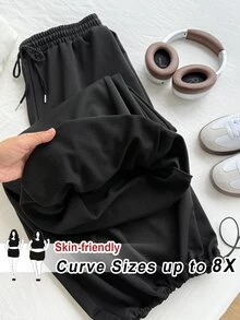 SHEIN CURVE+ 大尺碼女款純色抽繩腰休閒百搭日常長褲 秋季 - 黑色 - 查看 1