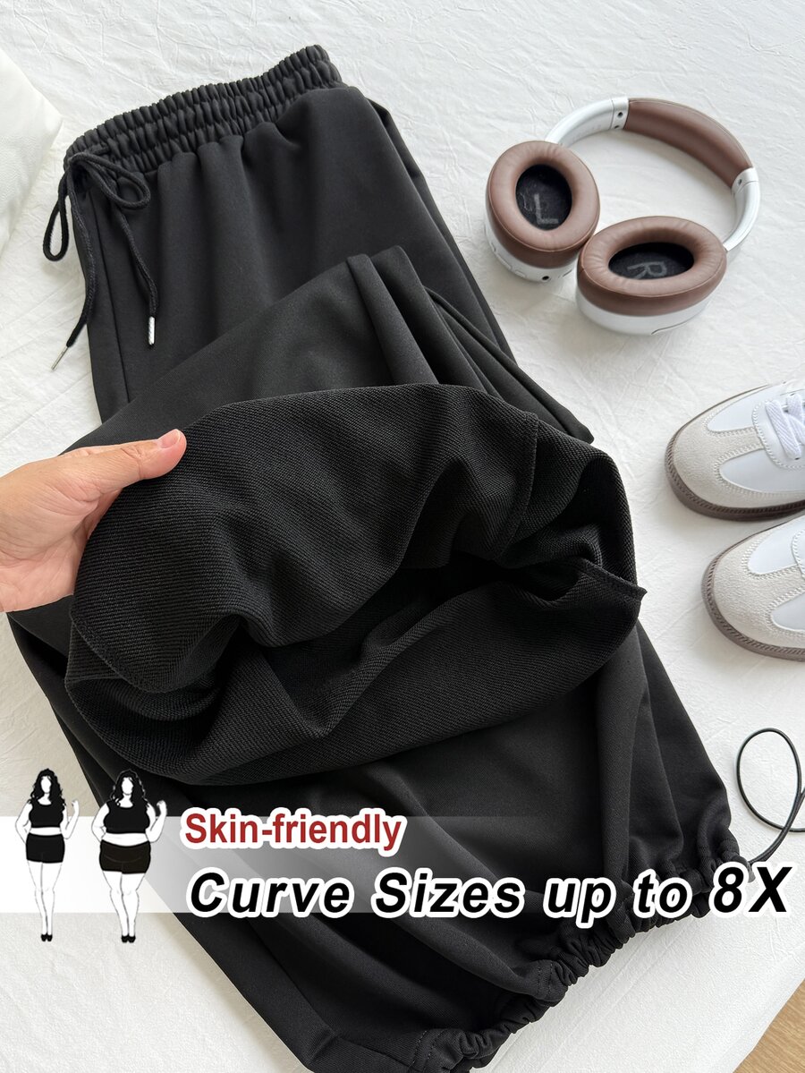 SHEIN CURVE+ 大尺碼女款純色抽繩腰休閒百搭日常長褲 秋季 - 黑色 - 查看 1