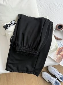 SHEIN CURVE+ 大尺碼女款純色抽繩腰休閒百搭日常長褲 秋季 - 黑色 - 查看 5