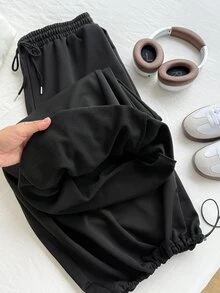 SHEIN CURVE+ 大尺碼女款純色抽繩腰休閒百搭日常長褲 秋季 - 黑色 - 查看 7