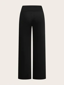 SHEIN EZwear 两件套女士休闲纯色黑色和粉色高腰阔腿直筒裤，适合夏季穿着 - 彩色 - 查看 4