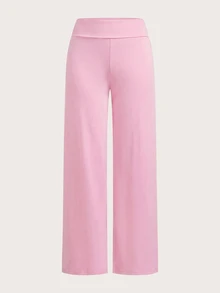 SHEIN EZwear 两件套女士休闲纯色黑色和粉色高腰阔腿直筒裤，适合夏季穿着 - 彩色 - 查看 5