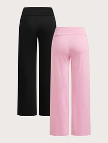SHEIN EZwear 两件套女士休闲纯色黑色和粉色高腰阔腿直筒裤，适合夏季穿着 - 彩色 - 查看 2