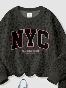 甜酷黑粉配色 時尚豹紋運動風拼色 NYC 字母圖案 女嬰休閒軟舒適寬鬆圓領套頭衛衣與寬腿長褲運動套裝，適合秋冬日常、運動、街頭穿搭，甜酷慵懶美式高街休閒風，開學季穿搭 - 彩色 - 查看 6