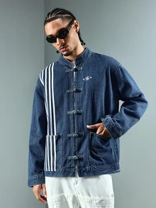 ROMWE MEN Street Life Men's Chinese Style Embroidered Striped Pocket Long Sleeve Denim Jacket - Blue - View 5