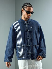 ROMWE MEN Street Life Men's Chinese Style Embroidered Striped Pocket Long Sleeve Denim Jacket - Blue - View 6