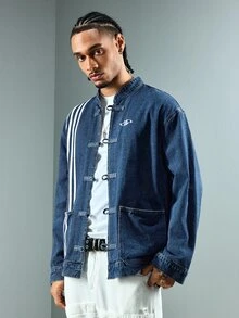 ROMWE MEN Street Life Men's Chinese Style Embroidered Striped Pocket Long Sleeve Denim Jacket - Blue - View 4