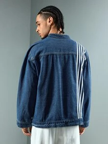 ROMWE MEN Street Life Men's Chinese Style Embroidered Striped Pocket Long Sleeve Denim Jacket - Blue - View 3