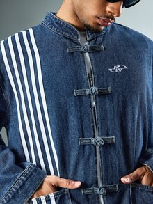 ROMWE MEN Street Life Men's Chinese Style Embroidered Striped Pocket Long Sleeve Denim Jacket - Blue - View 2