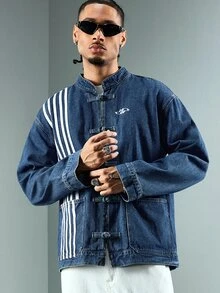 ROMWE MEN Street Life Men's Chinese Style Embroidered Striped Pocket Long Sleeve Denim Jacket - Blue - View 1
