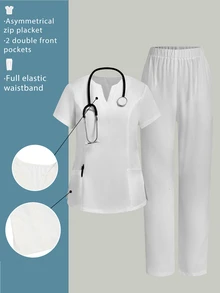 TaskEZ Women's Solid Color V-Neck Short Sleeve Top And Pants Nurse Scrub Uniform Set - White - View 2