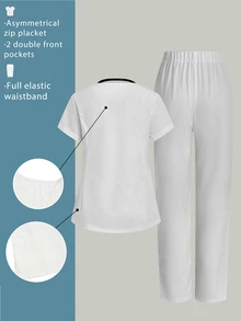 TaskEZ Women's Solid Color V-Neck Short Sleeve Top And Pants Nurse Scrub Uniform Set - White - View 3