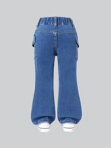 SHEIN ChillGRL 少女休閒多口袋鬆緊腰水洗黑牛仔喇叭褲 秋季 - 中等水洗藍 - 查看 2