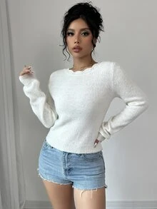 Elenzga 女士圣诞仿珍珠纽扣后背纯色毛衣，长袖上衣，针织套头衫，秋冬款 - 白色 - 查看 5
