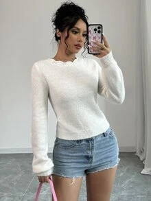 Elenzga 女士圣诞仿珍珠纽扣后背纯色毛衣，长袖上衣，针织套头衫，秋冬款 - 白色 - 查看 6