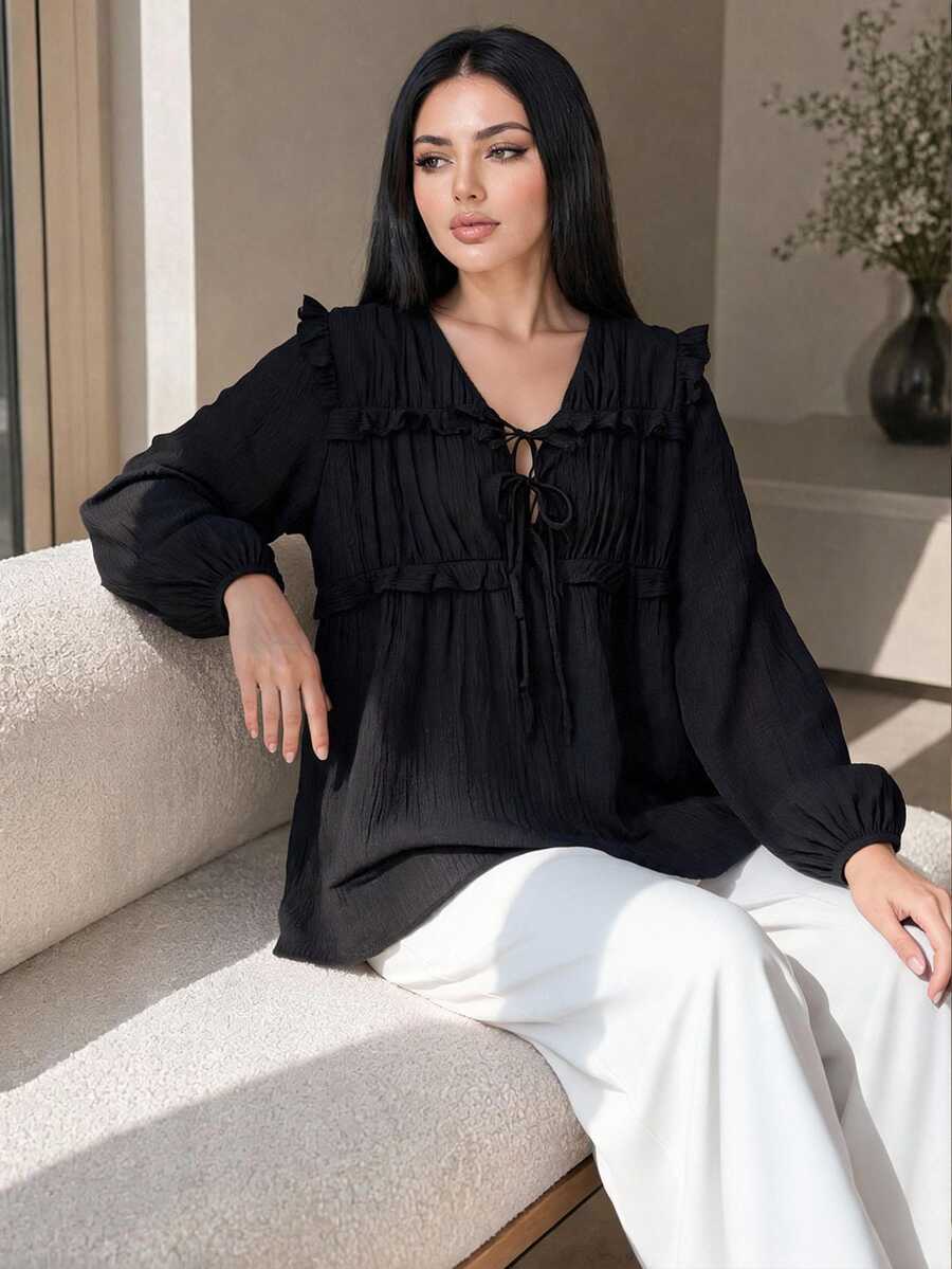 Auveirra 大尺碼女款黑色V領休閒優雅燈籠袖上衣，寬鬆日常度假風，適合新年與情人節