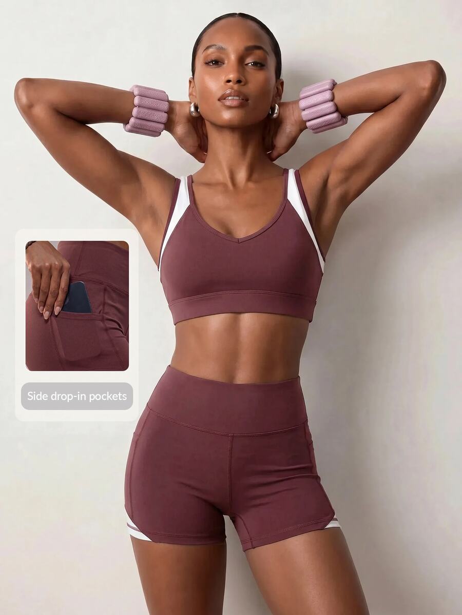 Zivah Women's Colorblock Cropped Tank Top And Shorts Sports Set