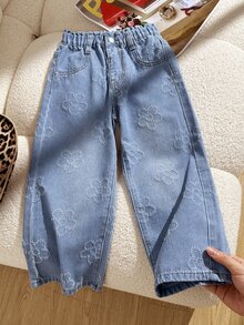 SHEIN Jeans en denim bleu moyen délavé pour filles, nouvel été, broderie florale, design de taille à bourgeon, coupe ample et jambe large, style décontracté polyvalent minimaliste, jambe droite ample, coton doux et confortable, pantalon en denim adapté aux vacances, sorties quotidiennes, école, trajets, fêtes et festivals, choix parfait - Bleu azur - Voir 1