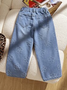SHEIN Jeans en denim bleu moyen délavé pour filles, nouvel été, broderie florale, design de taille à bourgeon, coupe ample et jambe large, style décontracté polyvalent minimaliste, jambe droite ample, coton doux et confortable, pantalon en denim adapté aux vacances, sorties quotidiennes, école, trajets, fêtes et festivals, choix parfait - Bleu azur - Voir 2