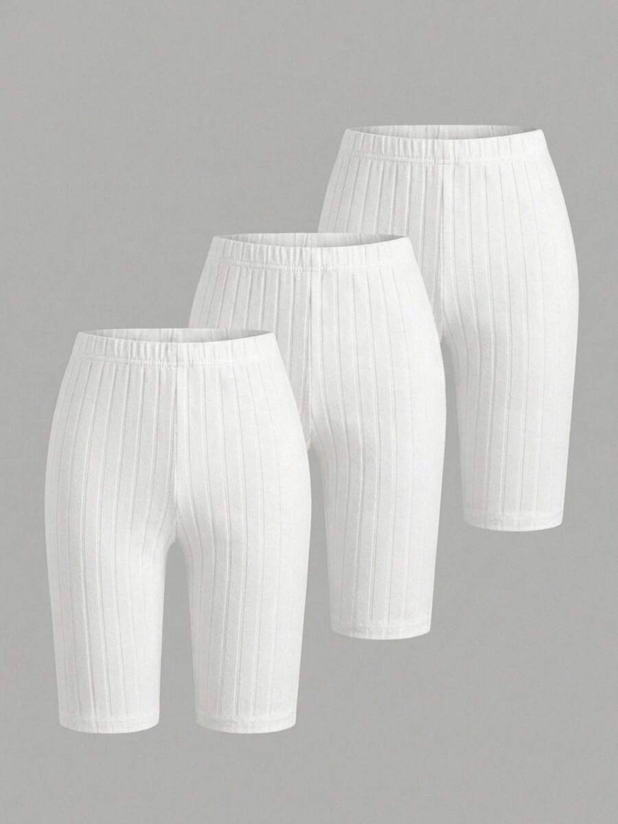 SHEIN 3 piezas de shorts ajustados de unicolor para niñas preadolescentes - Blanco - Ver 1