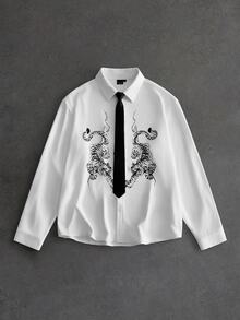 ROMWE MEN Street Life Men's Tiger Pattern Single-Breasted Long Sleeve Tie Shirt - Multicolor - View 8