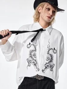 ROMWE MEN Street Life Men's Tiger Pattern Single-Breasted Long Sleeve Tie Shirt - Multicolor - View 7