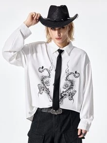 ROMWE MEN Street Life Men's Tiger Pattern Single-Breasted Long Sleeve Tie Shirt - Multicolor - View 1