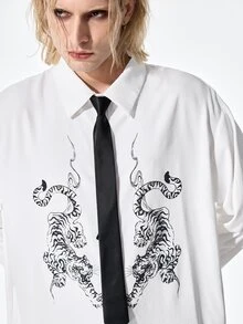 ROMWE MEN Street Life Men's Tiger Pattern Single-Breasted Long Sleeve Tie Shirt - Multicolor - View 2