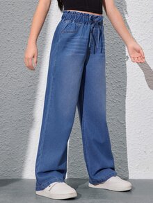 SHEIN 青少年女孩時尚簡約紙袋腰寬腿牛仔褲 夏季度假 秋季 - 中等水洗藍 - 查看 3