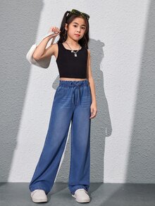 SHEIN 青少年女孩時尚簡約紙袋腰寬腿牛仔褲 夏季度假 秋季 - 中等水洗藍 - 查看 4