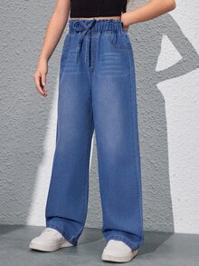 SHEIN 青少年女孩時尚簡約紙袋腰寬腿牛仔褲 夏季度假 秋季 - 中等水洗藍 - 查看 1