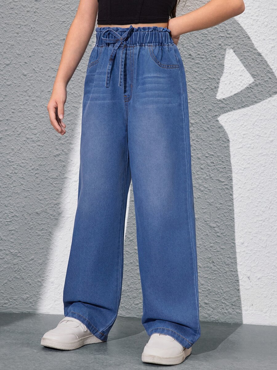 SHEIN 青少年女孩時尚簡約紙袋腰寬腿牛仔褲 夏季度假 秋季 - 中等水洗藍 - 查看 1