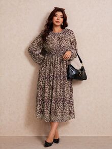 Elaquor Plus Size Women's Leopard Print Round Neck Lantern Sleeve Casual Dress Casual Vacation Daily Going Out Dress For Women Fall/Winter Casual Office Dress - Brown - View 3
