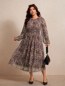Elaquor Plus Size Women's Leopard Print Round Neck Lantern Sleeve Casual Dress Casual Vacation Daily Going Out Dress For Women Fall/Winter Casual Office Dress - Brown - View 4