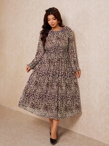Elaquor Plus Size Women's Leopard Print Round Neck Lantern Sleeve Casual Dress Casual Vacation Daily Going Out Dress For Women Fall/Winter Casual Office Dress - Brown - View 8