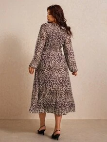 Elaquor Plus Size Women's Leopard Print Round Neck Lantern Sleeve Casual Dress Casual Vacation Daily Going Out Dress For Women Fall/Winter Casual Office Dress - Brown - View 2