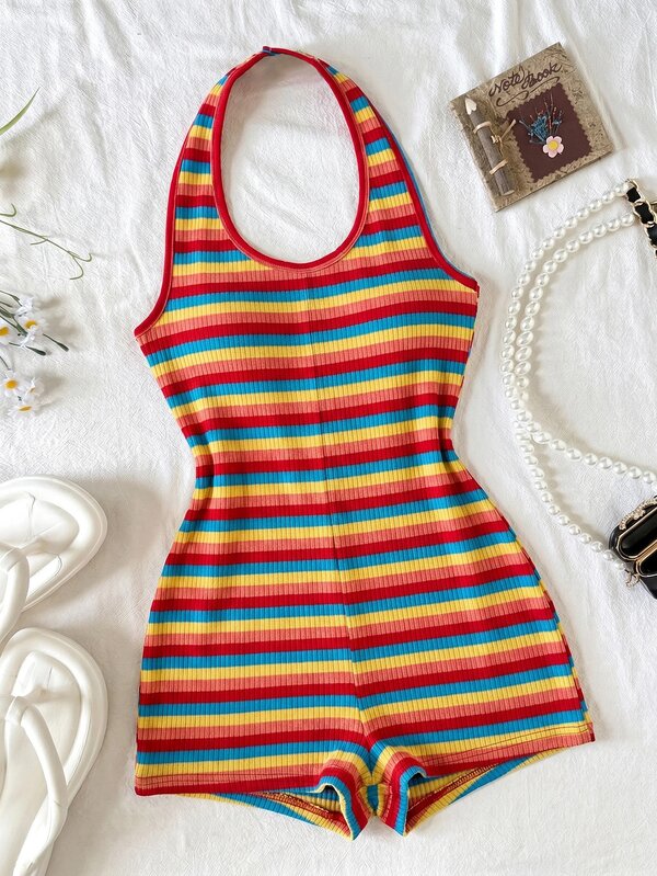 SHEIN Tween Girl Halter Neck Striped Jumpsuit,Red And Yellow Summer Y2k Beach Vacation Pride Month Cute