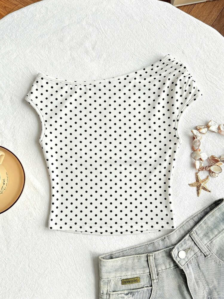 SHEIN Tween Girl White And Black Polka Dot, Summer, Elegant Cute, Vacation, Holiday Asymmetric Shoulder Crop Top, Golden Starfish Decor Soft T Shirt Resort - Black and White - View 2