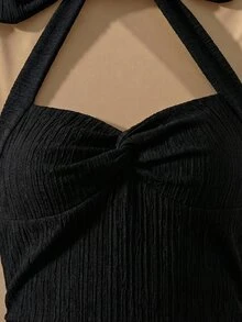 SHEIN 青少年女孩露背白色迷你洋裝，綁帶/荷葉邊下擺，雙層設計，可愛黑白配色夏季海灘度假穿搭 - 黑色 - 查看 3
