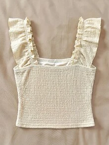 SHEIN TEENGIRL 夏季優雅青少年正式白色度假風短袖紋理修身蕾絲上衣，適合下午茶、校園穿著 - 杏色 - 查看 2