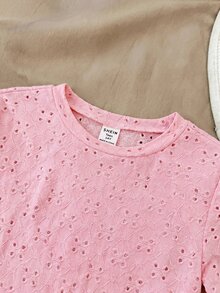 SHEIN 青少年女孩米色提花針織圓領百搭短袖T恤，休閒百搭，休閒與度假，短版上衣，白色上衣 - 彩色 - 查看 3