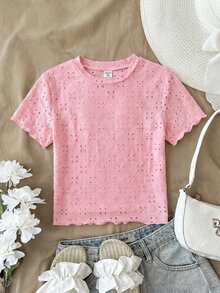 SHEIN 青少年女孩米色提花針織圓領百搭短袖T恤，休閒百搭，休閒與度假，短版上衣，白色上衣 - 彩色 - 查看 1