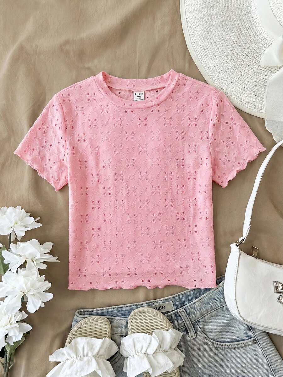 SHEIN 青少年女孩米色提花針織圓領百搭短袖T恤，休閒百搭，休閒與度假，短版上衣，白色上衣 - 彩色 - 查看 1