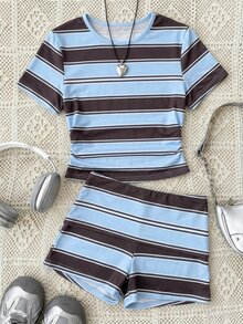 SHEIN 青少年女孩針織居家休閒純色灰色圓領套頭衫 + 灰色短褲套裝，夏季穿搭，基本款，休閒風，運動風 - 彩色 - 查看 4