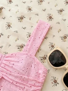 SHEIN Teen Girls Knitted Textured Ruched Bust Casual Camisole - Pink - View 4