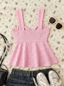 SHEIN Teen Girls Knitted Textured Ruched Bust Casual Camisole - Pink - View 2