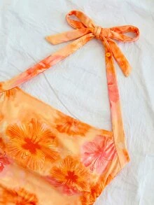 SHEIN Tween Girl Pink Hibiscus Print Halter Camisole,Ruched Fitted Knit Top,Pink Floral,Summer,Boho,Beach,Vacation,Holiday,Party - Orange - View 4