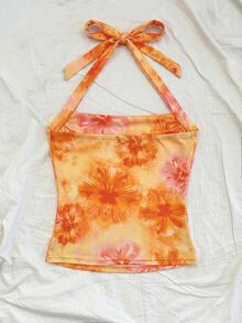 SHEIN Tween Girl Pink Hibiscus Print Halter Camisole,Ruched Fitted Knit Top,Pink Floral,Summer,Boho,Beach,Vacation,Holiday,Party - Orange - View 2
