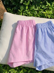 SHEIN 青少年女孩休閒藍白條紋直筒梭織短褲，夏季校園街頭穿搭，時尚度假出行 - 彩色 - 查看 4