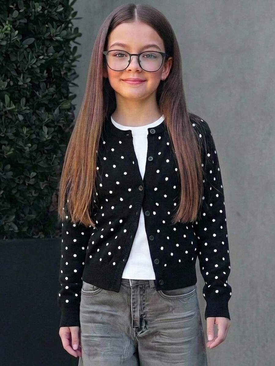 Tween Girl Tween Girl Loose Casual Minimalist Comfortable Crew Neck Open Front Solid Color Autumn Sweater - Black - View 1